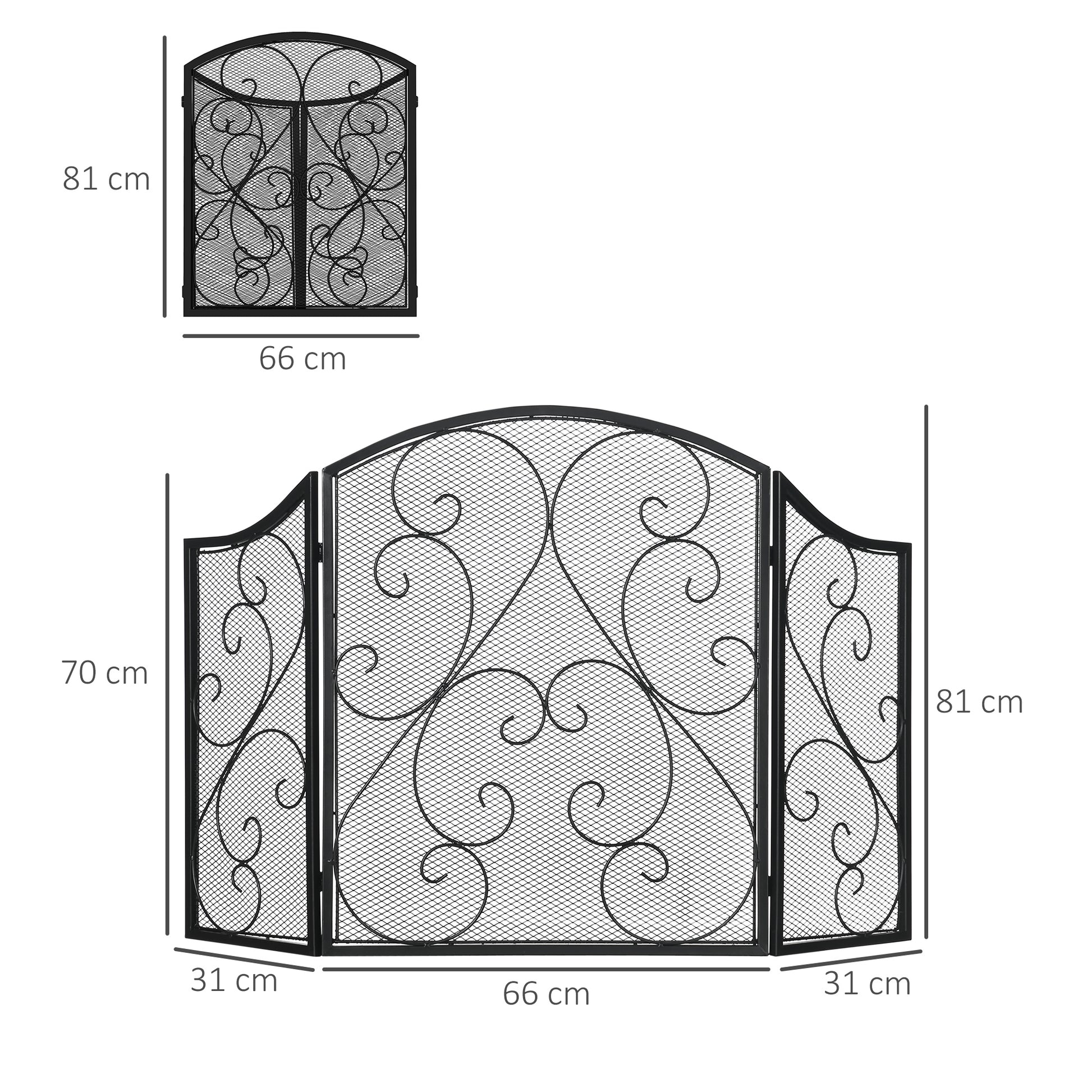 Fireplace Screen, Foldable Fire Guard with 3 Panels, Spark Protection Screen in Vintage Design for Living Room, Metal, Black 66 x 31 x 81 cm