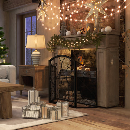 Fireplace Screen, Foldable Fire Guard with 3 Panels, Spark Protection Screen in Vintage Design for Living Room, Metal, Black 66 x 31 x 81 cm