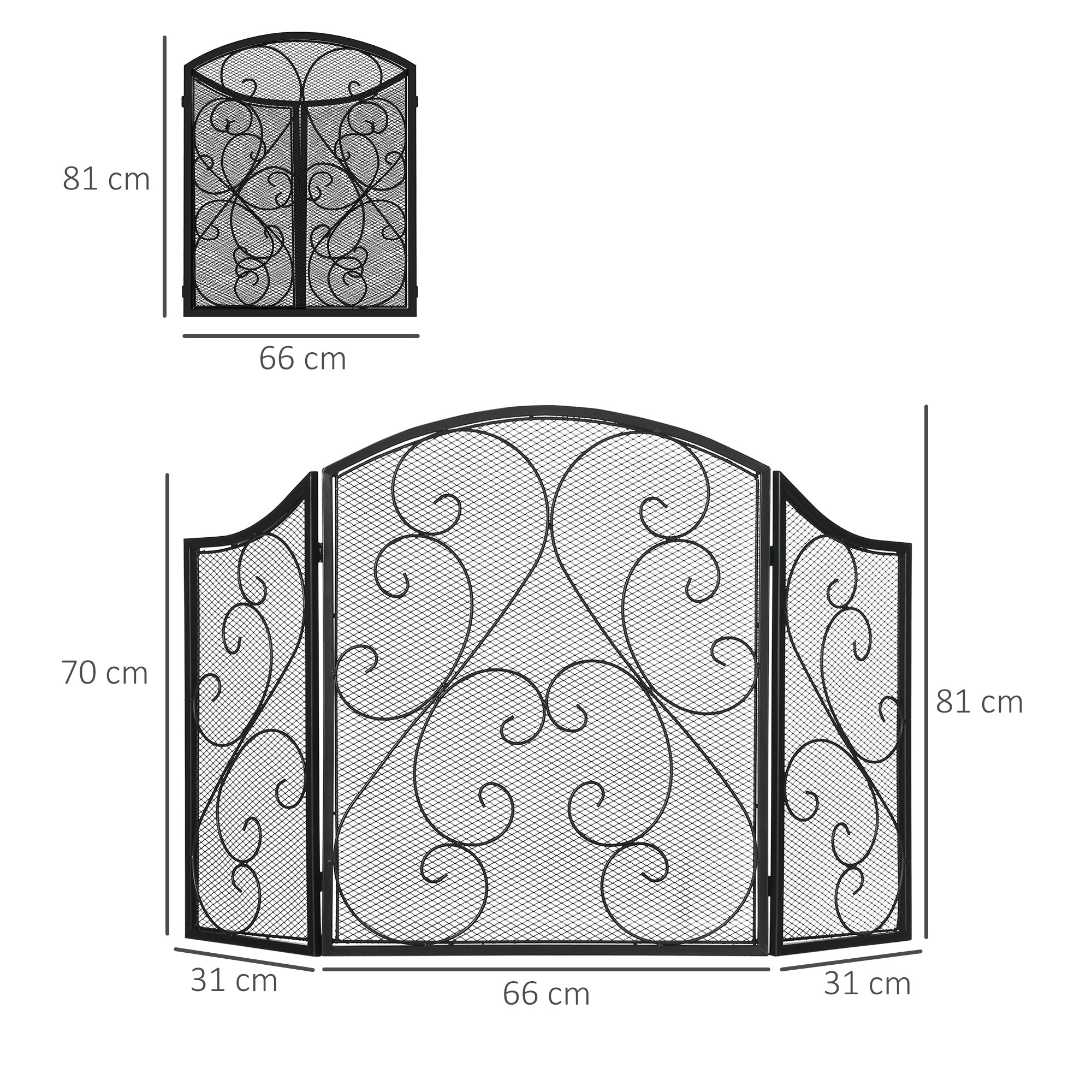 Fireplace Screen, Foldable Fire Guard with 3 Panels, Spark Protection Screen in Vintage Design for Living Room, Metal, Black 66 x 31 x 81 cm