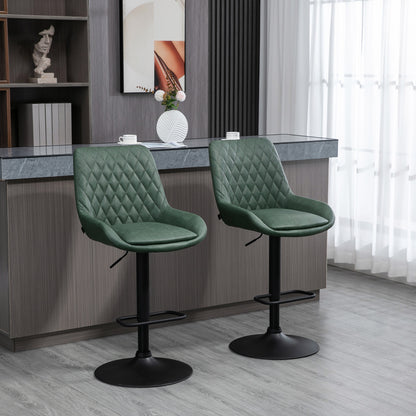 Set of 2 faux leather bar stools, bar chairs, high stools, height adjustable, 360° swivel, with backrest and footrest, steel frame, dark green