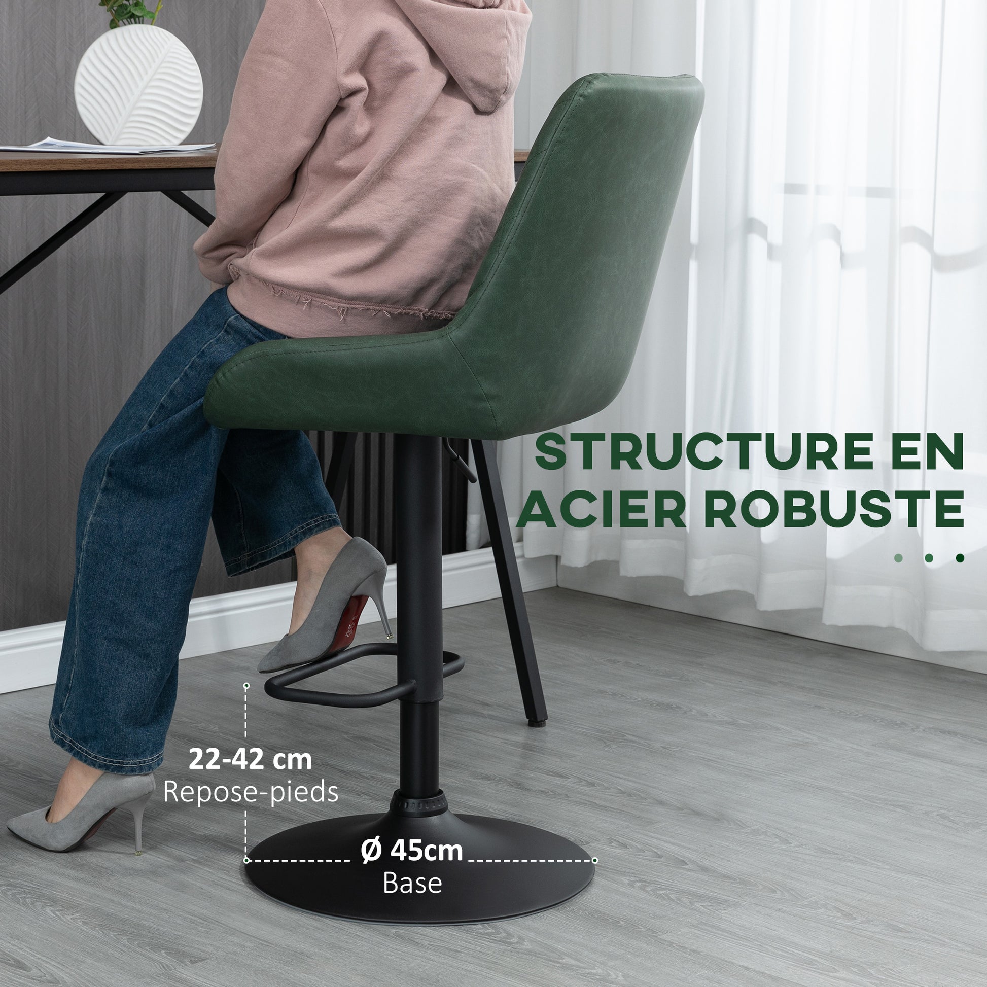 Set of 2 faux leather bar stools, bar chairs, high stools, height adjustable, 360° swivel, with backrest and footrest, steel frame, dark green