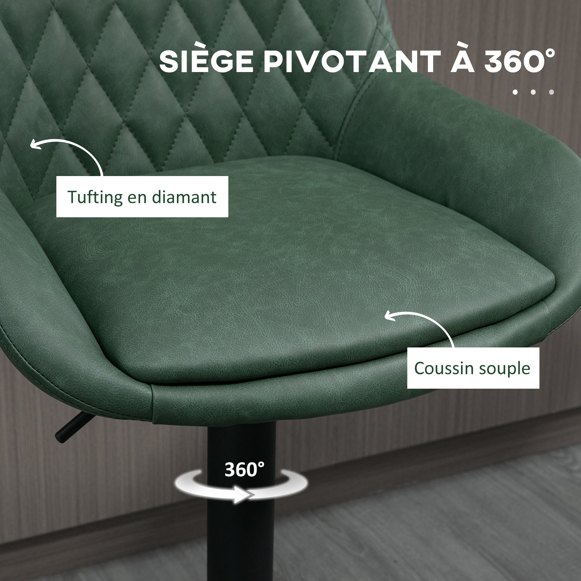Set of 2 faux leather bar stools, bar chairs, high stools, height adjustable, 360° swivel, with backrest and footrest, steel frame, dark green