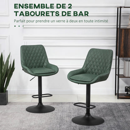 Set of 2 faux leather bar stools, bar chairs, high stools, height adjustable, 360° swivel, with backrest and footrest, steel frame, dark green