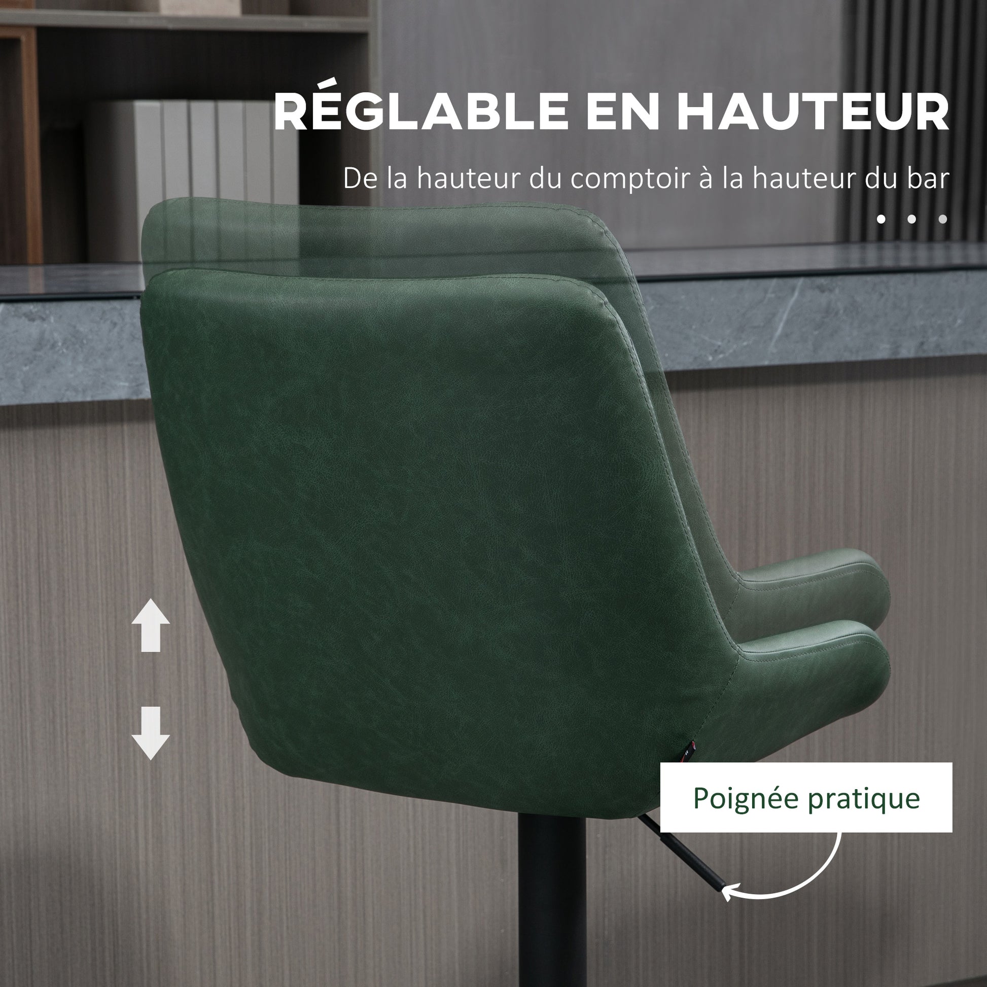 Set of 2 faux leather bar stools, bar chairs, high stools, height adjustable, 360° swivel, with backrest and footrest, steel frame, dark green