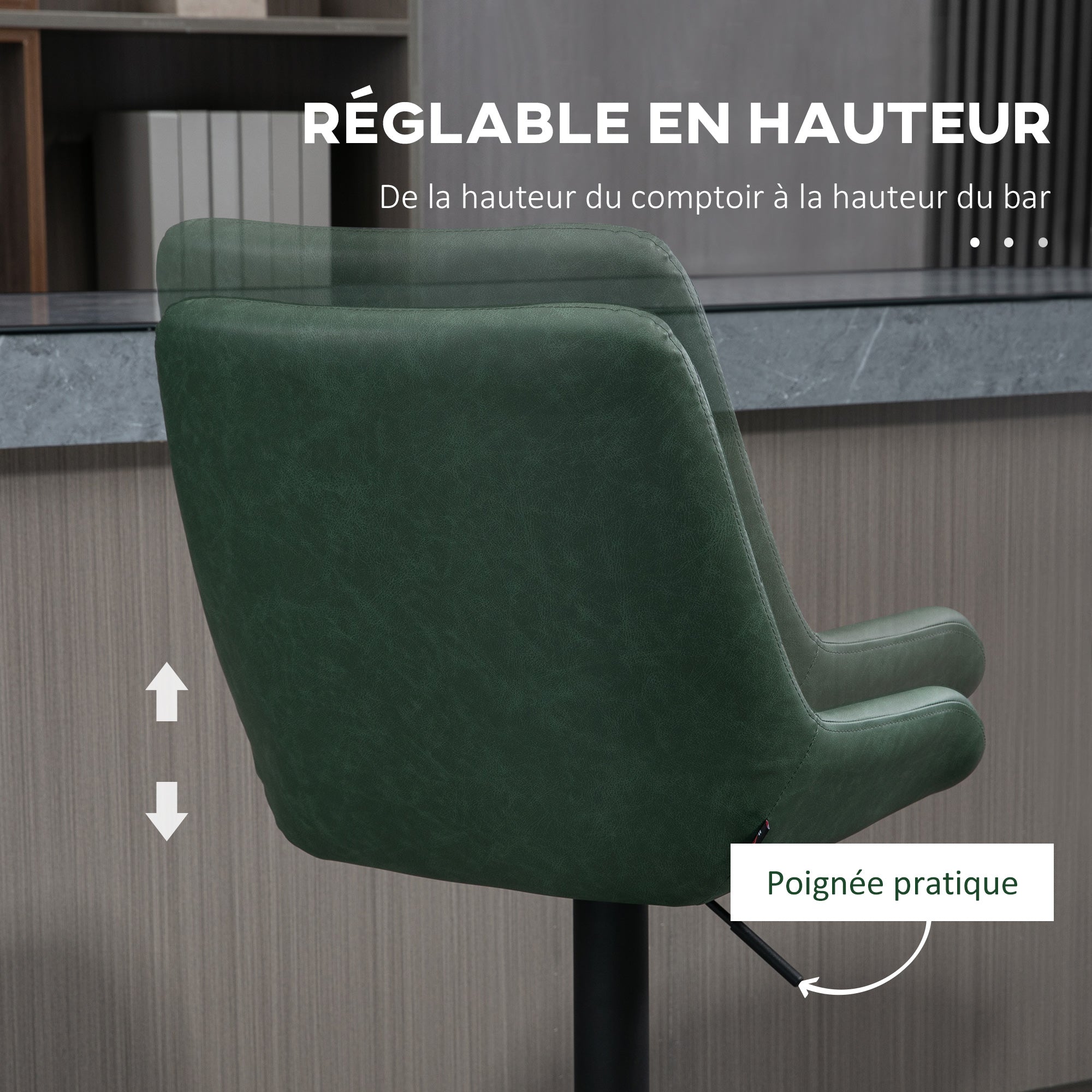 Set of 2 faux leather bar stools, bar chairs, high stools, height adjustable, 360° swivel, with backrest and footrest, steel frame, dark green