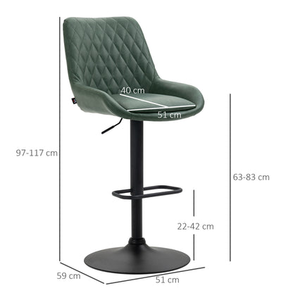 Set of 2 faux leather bar stools, bar chairs, high stools, height adjustable, 360° swivel, with backrest and footrest, steel frame, dark green