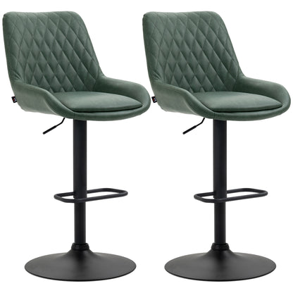 Set of 2 faux leather bar stools, bar chairs, high stools, height adjustable, 360° swivel, with backrest and footrest, steel frame, dark green