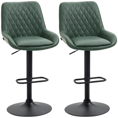 Set of 2 faux leather bar stools, bar chairs, high stools, height adjustable, 360° swivel, with backrest and footrest, steel frame, dark green