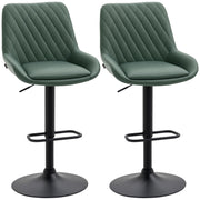 Set of 2 faux leather bar stools, bar chairs, high stools, height adjustable, 360° swivel, with backrest and footrest, steel frame, dark green