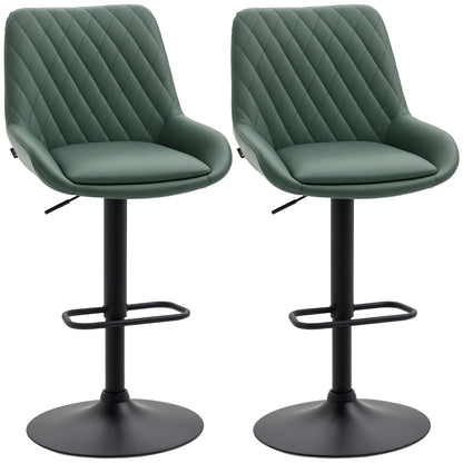 Set of 2 faux leather bar stools, bar chairs, high stools, height adjustable, 360° swivel, with backrest and footrest, steel frame, dark green