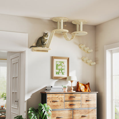 Cat Climbing Wall Set, 3-Piece Cat Furniture with Scratching Post, Perches, Ladder, Steps, Scratching Board, for Cats up to 5 kg, Sisal, Beige