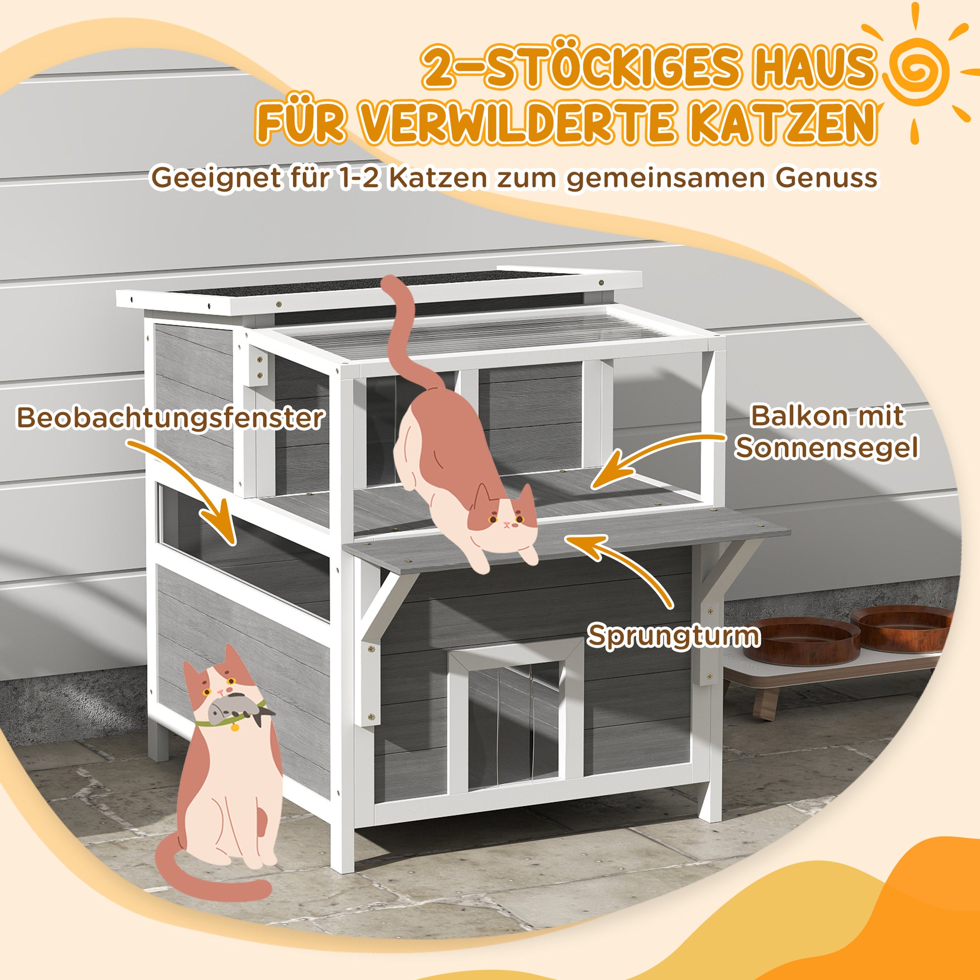 Cat Cave, Cat House made of Fir Wood, Cat House with Balcony, Entries, for Cats up to 5 kg, Outdoor, 64 x 87 x 76 cm, Light Gray