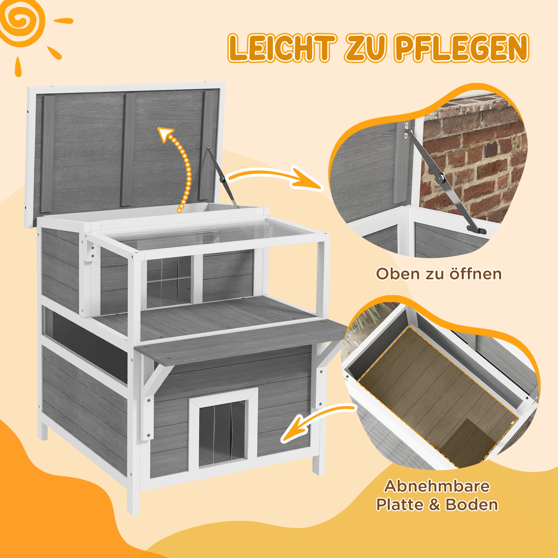 Cat Cave, Cat House made of Fir Wood, Cat House with Balcony, Entries, for Cats up to 5 kg, Outdoor, 64 x 87 x 76 cm, Light Gray