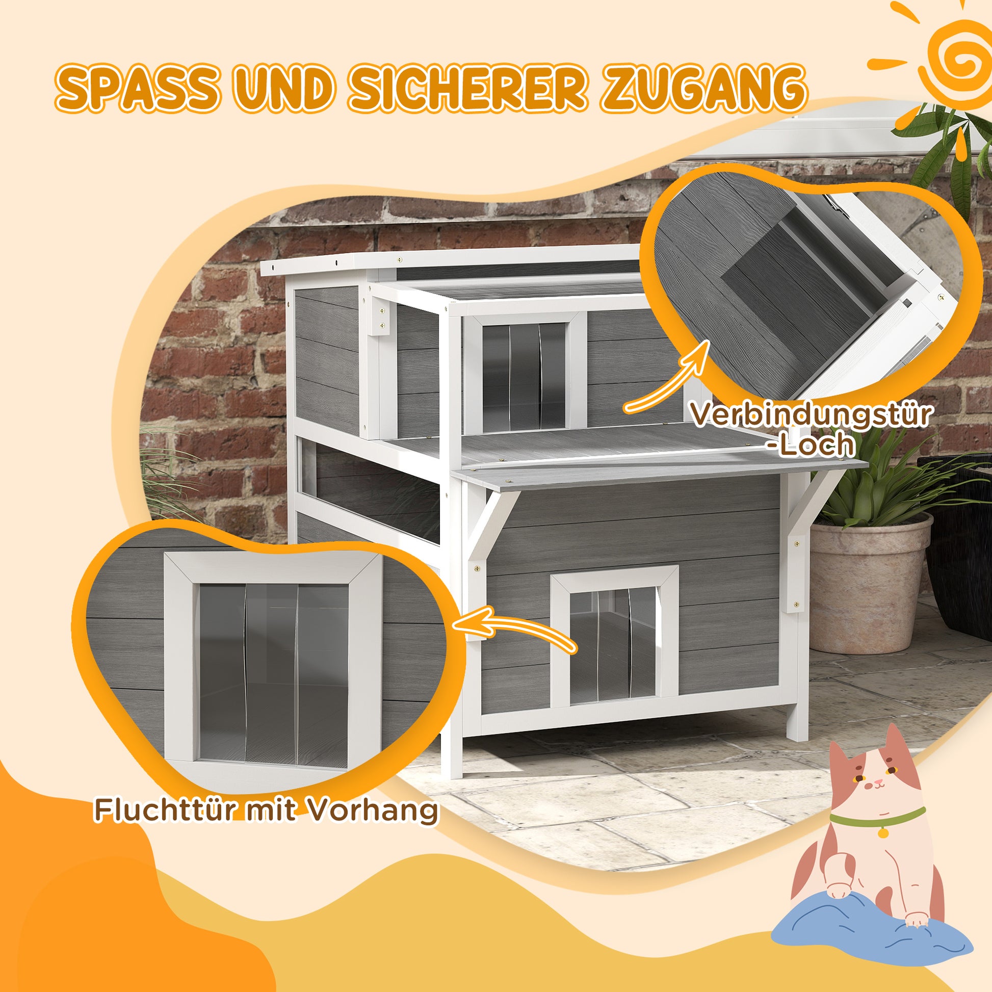 Cat Cave, Cat House made of Fir Wood, Cat House with Balcony, Entries, for Cats up to 5 kg, Outdoor, 64 x 87 x 76 cm, Light Gray