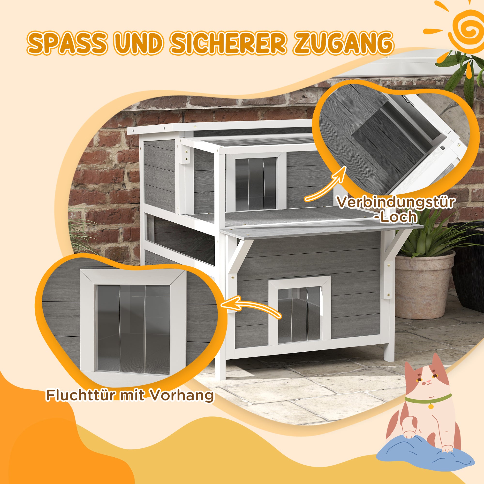 Cat Cave, Cat House made of Fir Wood, Cat House with Balcony, Entries, for Cats up to 5 kg, Outdoor, 64 x 87 x 76 cm, Light Gray
