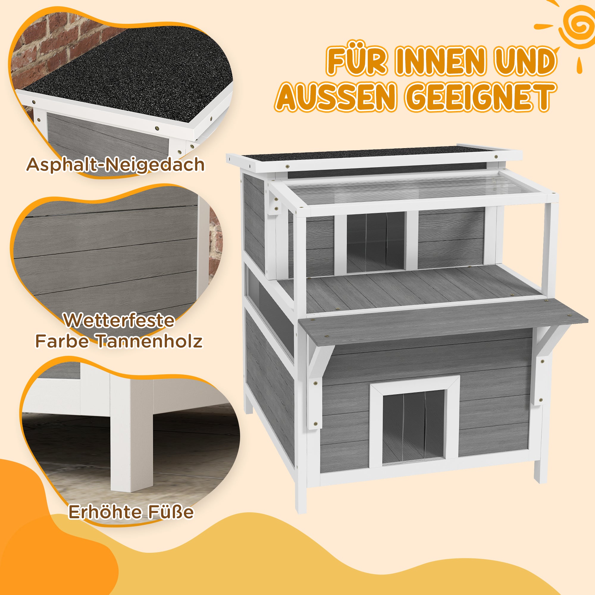 Cat Cave, Cat House made of Fir Wood, Cat House with Balcony, Entries, for Cats up to 5 kg, Outdoor, 64 x 87 x 76 cm, Light Gray
