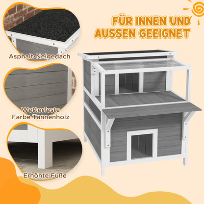 Cat Cave, Cat House made of Fir Wood, Cat House with Balcony, Entries, for Cats up to 5 kg, Outdoor, 64 x 87 x 76 cm, Light Gray