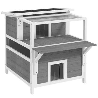 Cat Cave, Cat House made of Fir Wood, Cat House with Balcony, Entries, for Cats up to 5 kg, Outdoor, 64 x 87 x 76 cm, Light Gray