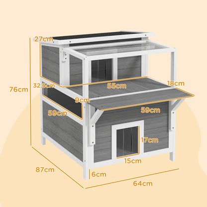 Cat Cave, Cat House made of Fir Wood, Cat House with Balcony, Entries, for Cats up to 5 kg, Outdoor, 64 x 87 x 76 cm, Light Gray