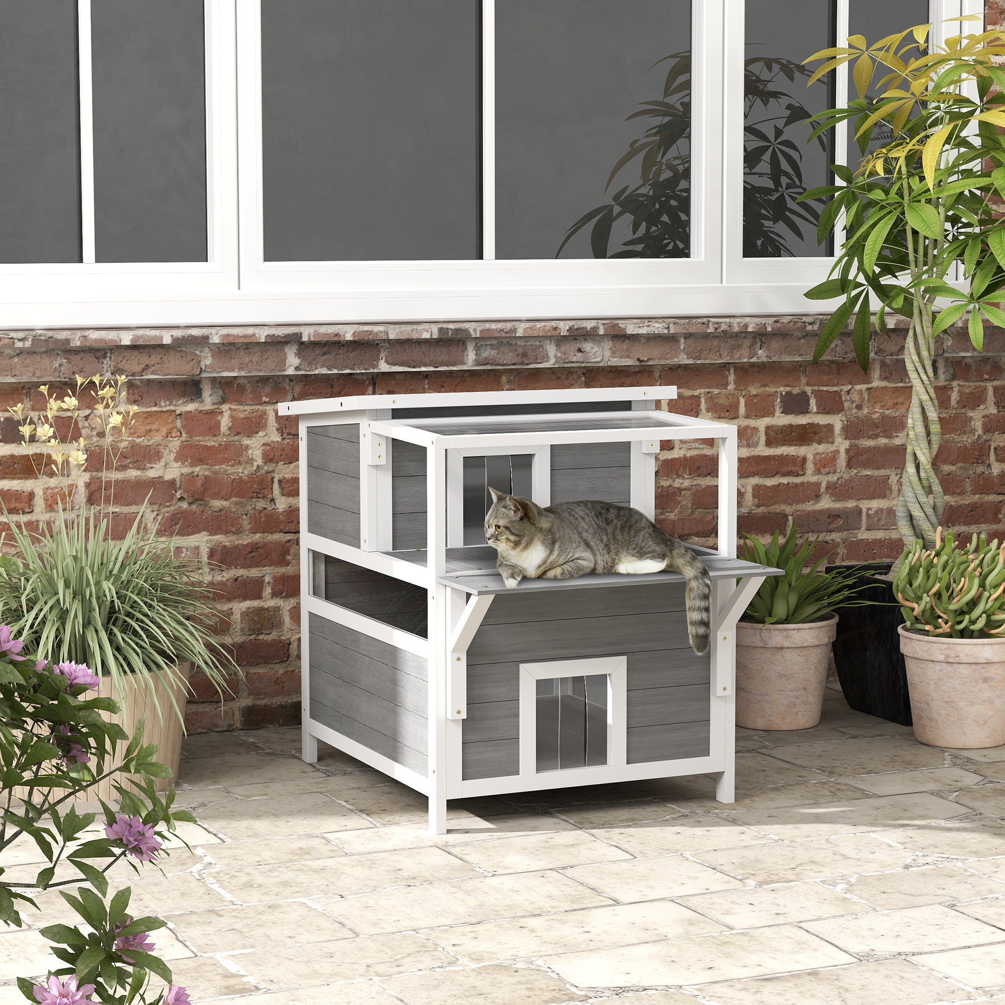 Cat Cave, Cat House made of Fir Wood, Cat House with Balcony, Entries, for Cats up to 5 kg, Outdoor, 64 x 87 x 76 cm, Light Gray