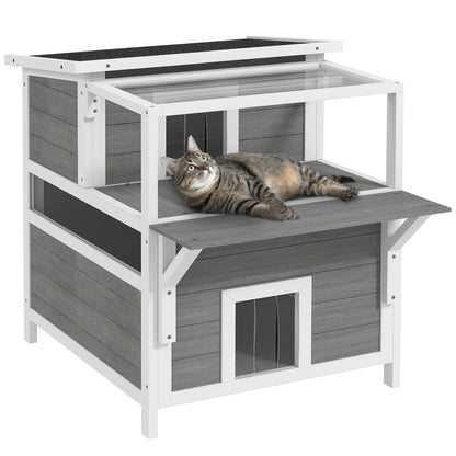 Cat Cave, Cat House made of Fir Wood, Cat House with Balcony, Entries, for Cats up to 5 kg, Outdoor, 64 x 87 x 76 cm, Light Gray
