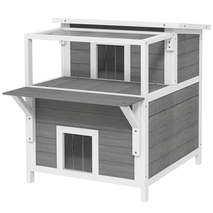 Cat Cave, Cat House made of Fir Wood, Cat House with Balcony, Entries, for Cats up to 5 kg, Outdoor, 64 x 87 x 76 cm, Light Gray