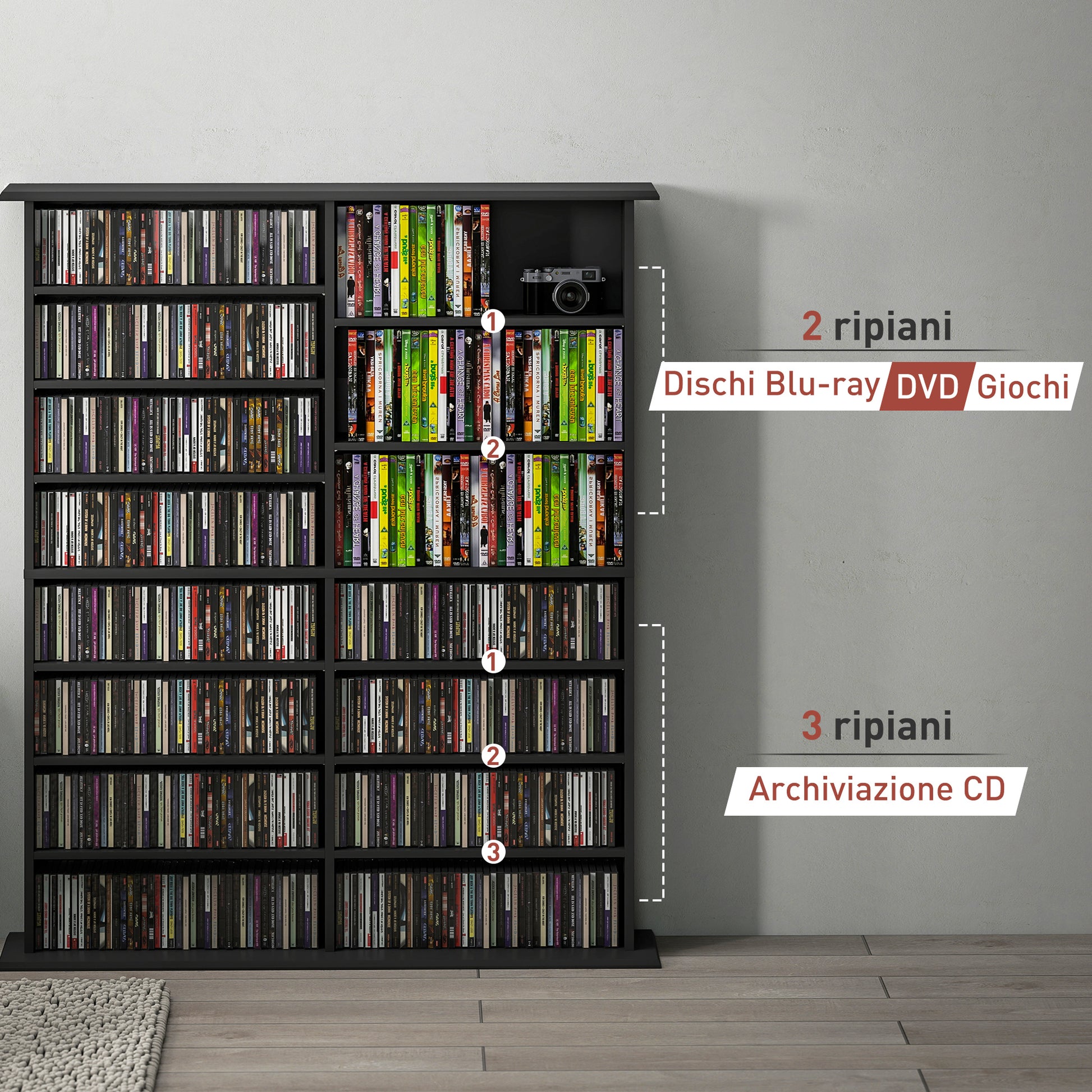 16-Shelf Modern Design Bookcase for 720 CDs, Particleboard CD Holder, 106.5x24x123.7 cm, Black
