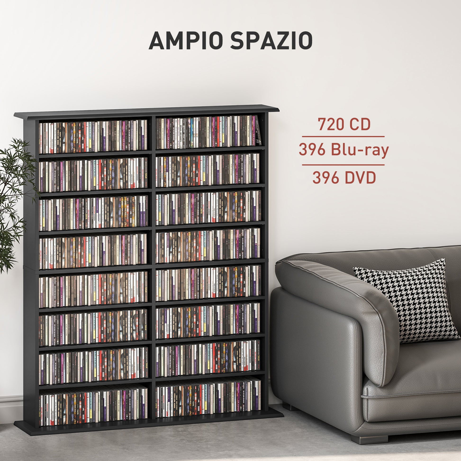16-Shelf Modern Design Bookcase for 720 CDs, Particleboard CD Holder, 106.5x24x123.7 cm, Black