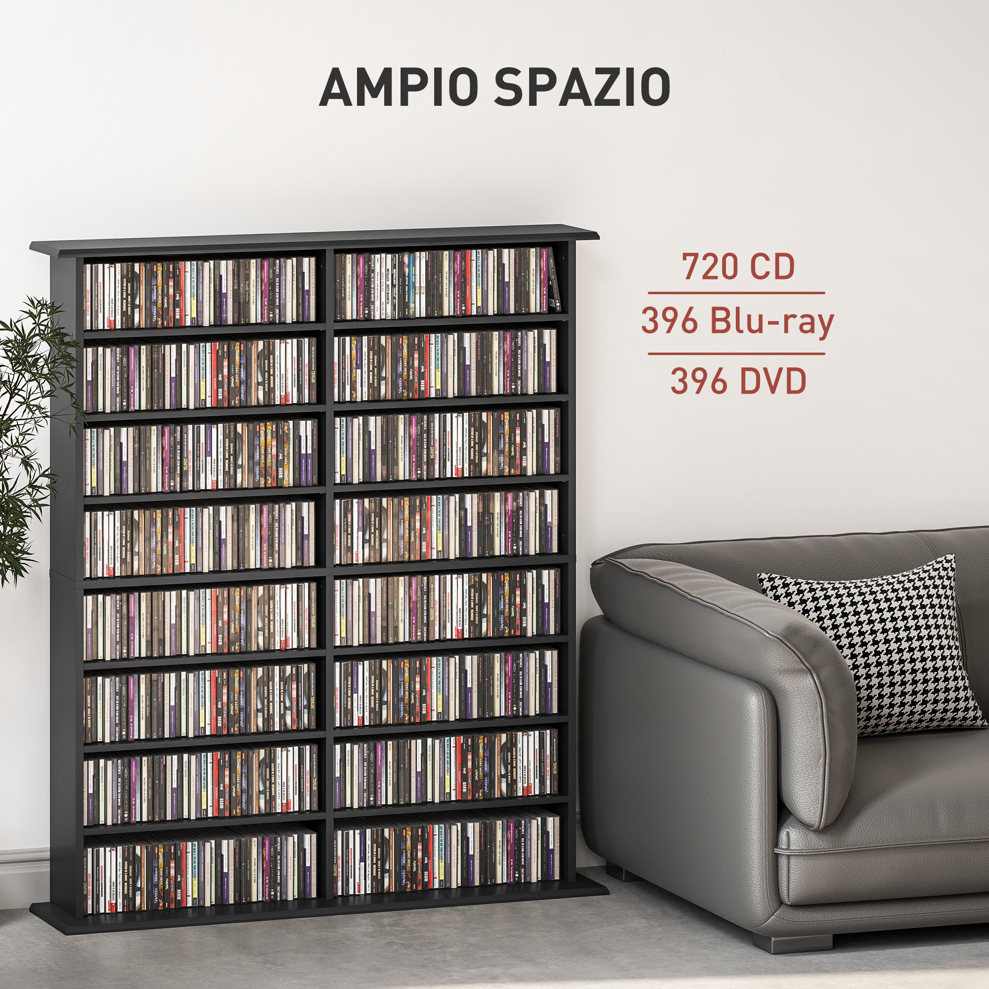 16-Shelf Modern Design Bookcase for 720 CDs, Particleboard CD Holder, 106.5x24x123.7 cm, Black