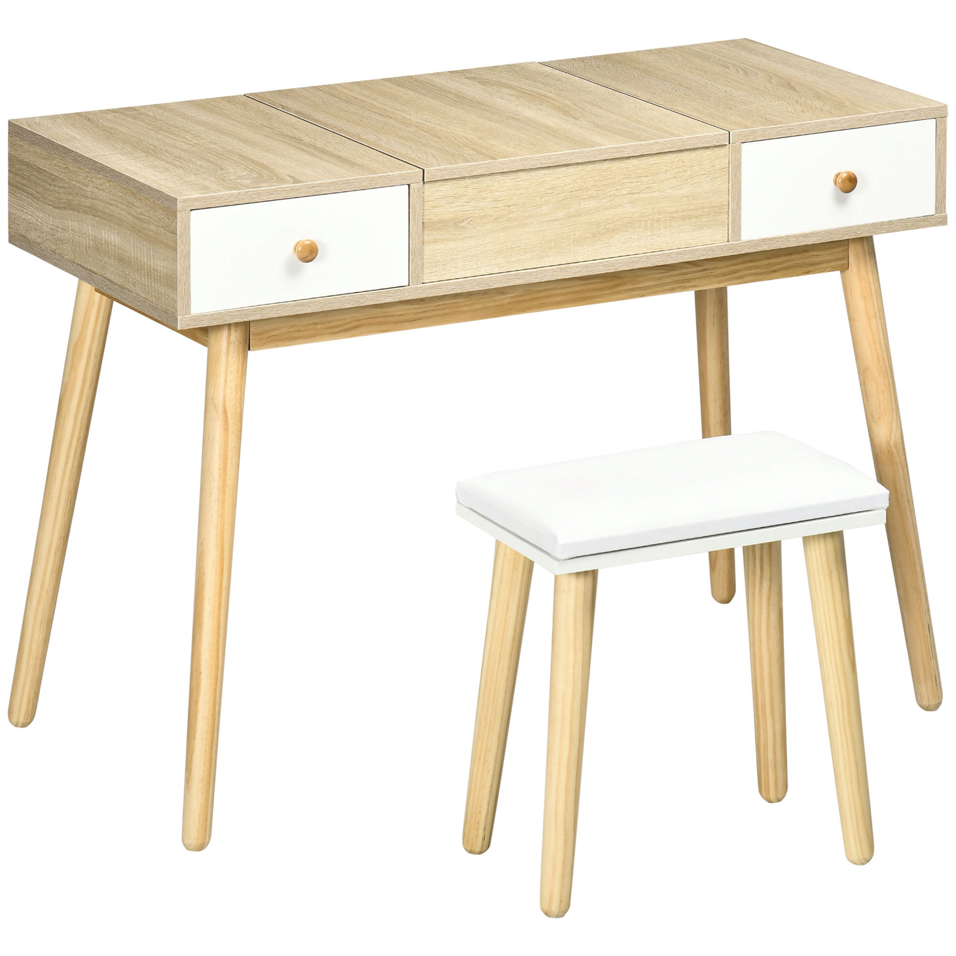 Makeup Dressing Table with Flip-Up Mirror Makeup Table with Padded Stool Soft Cushion Compartments and Drawers Solid Wood Legs 100x45x118 cm Natural Color