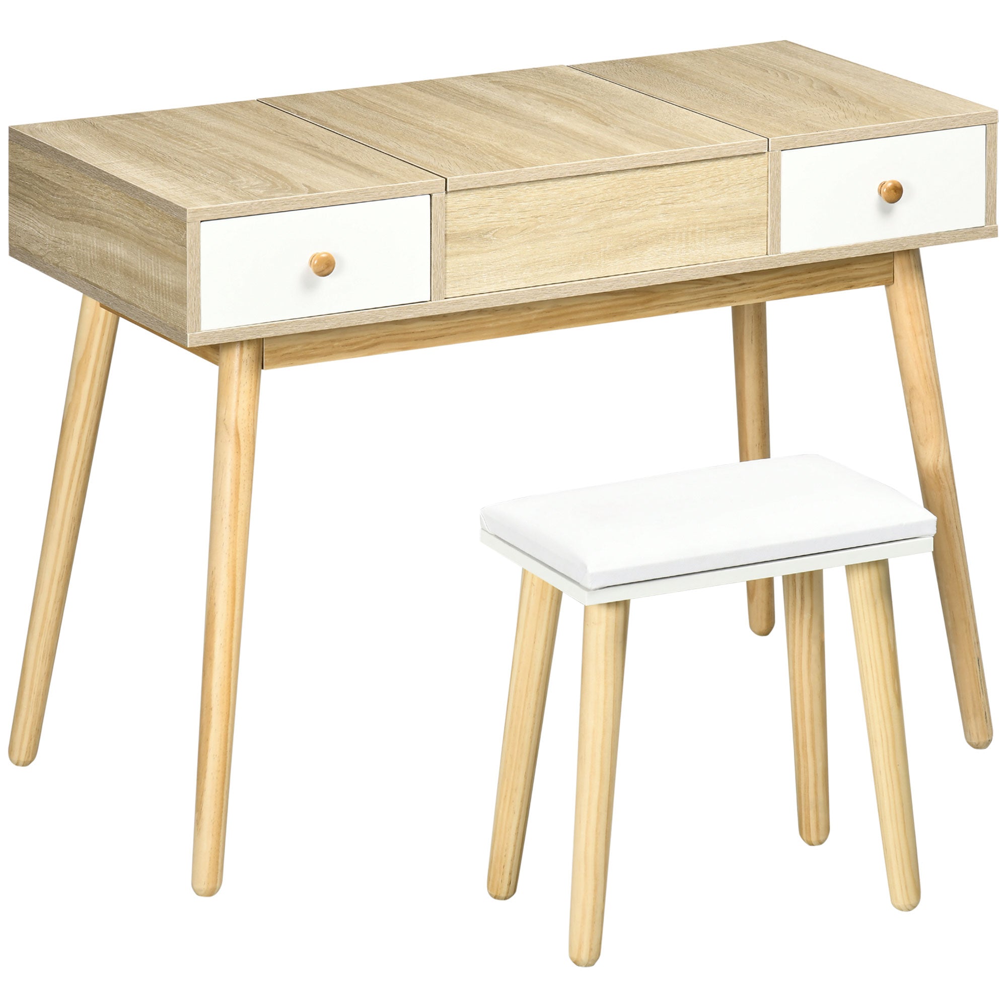 Makeup Dressing Table with Flip-Up Mirror Makeup Table with Padded Stool Soft Cushion Compartments and Drawers Solid Wood Legs 100x45x118 cm Natural Color