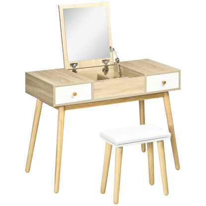 Makeup Dressing Table with Flip-Up Mirror Makeup Table with Padded Stool Soft Cushion Compartments and Drawers Solid Wood Legs 100x45x118 cm Natural Color