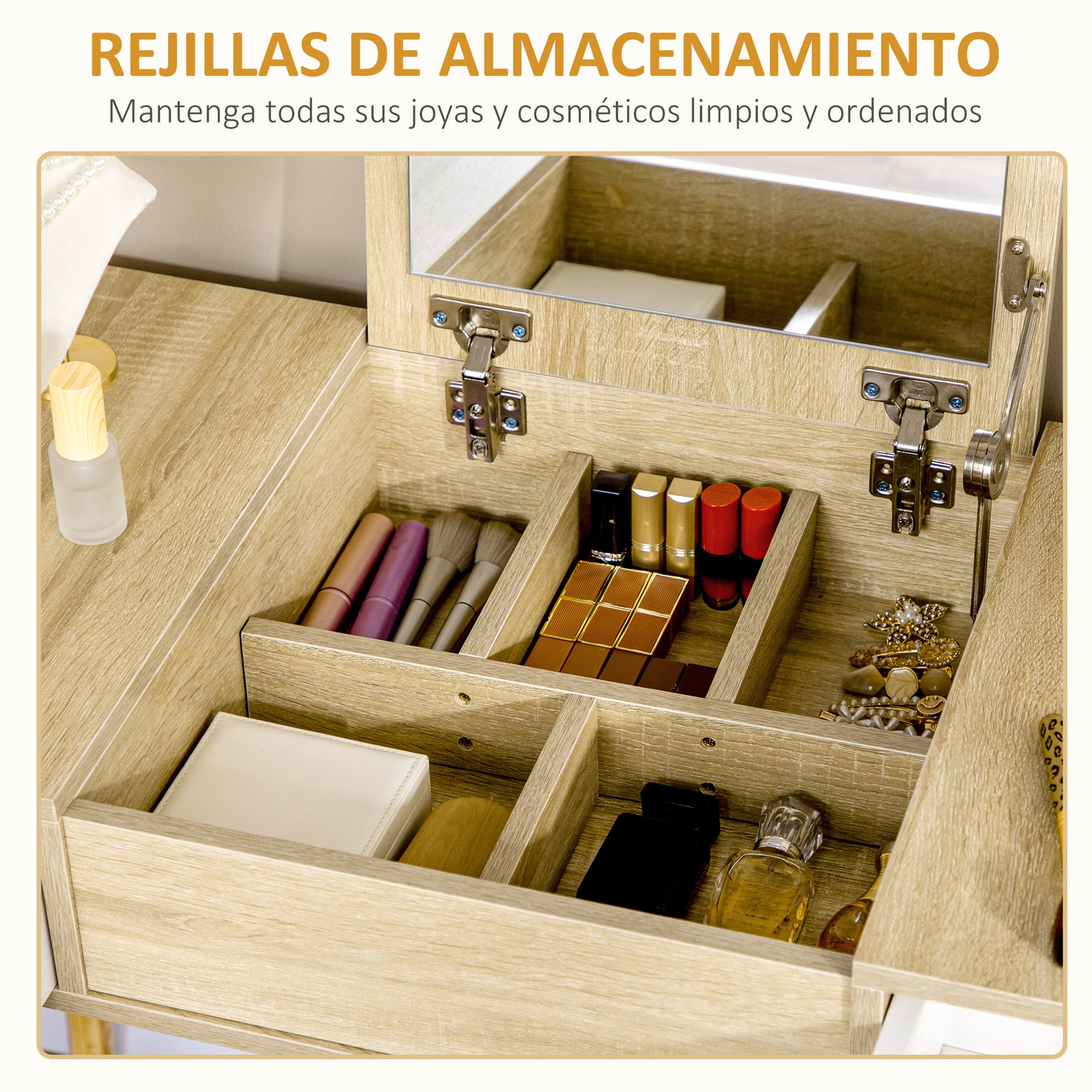 Makeup Dressing Table with Flip-Up Mirror Makeup Table with Padded Stool Soft Cushion Compartments and Drawers Solid Wood Legs 100x45x118 cm Natural Color