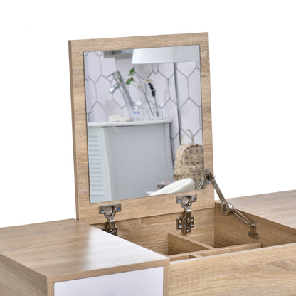 Makeup Dressing Table with Flip-Up Mirror Makeup Table with Padded Stool Soft Cushion Compartments and Drawers Solid Wood Legs 100x45x118 cm Natural Color