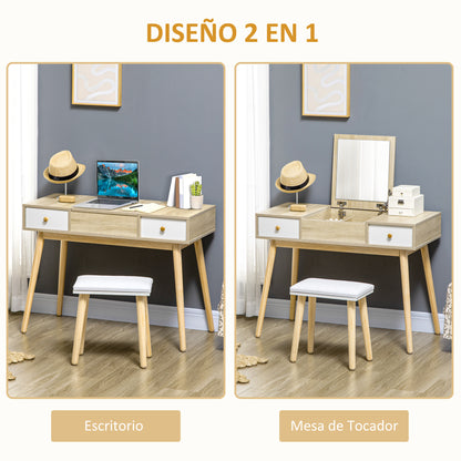 Makeup Dressing Table with Flip-Up Mirror Makeup Table with Padded Stool Soft Cushion Compartments and Drawers Solid Wood Legs 100x45x118 cm Natural Color