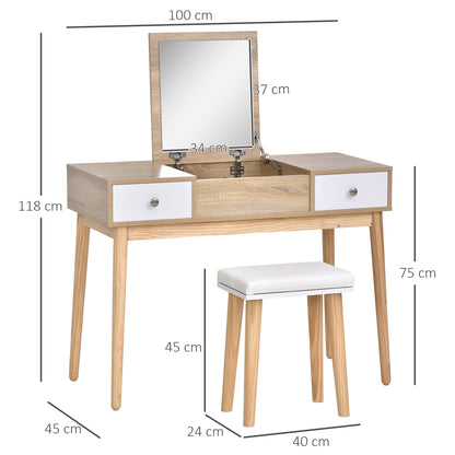 Makeup Dressing Table with Flip-Up Mirror Makeup Table with Padded Stool Soft Cushion Compartments and Drawers Solid Wood Legs 100x45x118 cm Natural Color