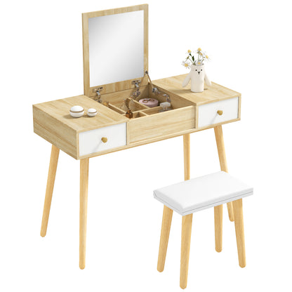 Makeup Dressing Table with Flip-Up Mirror Makeup Table with Padded Stool Soft Cushion Compartments and Drawers Solid Wood Legs 100x45x118 cm Natural Color