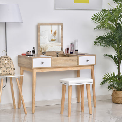 Makeup Dressing Table with Flip-Up Mirror Makeup Table with Padded Stool Soft Cushion Compartments and Drawers Solid Wood Legs 100x45x118 cm Natural Color