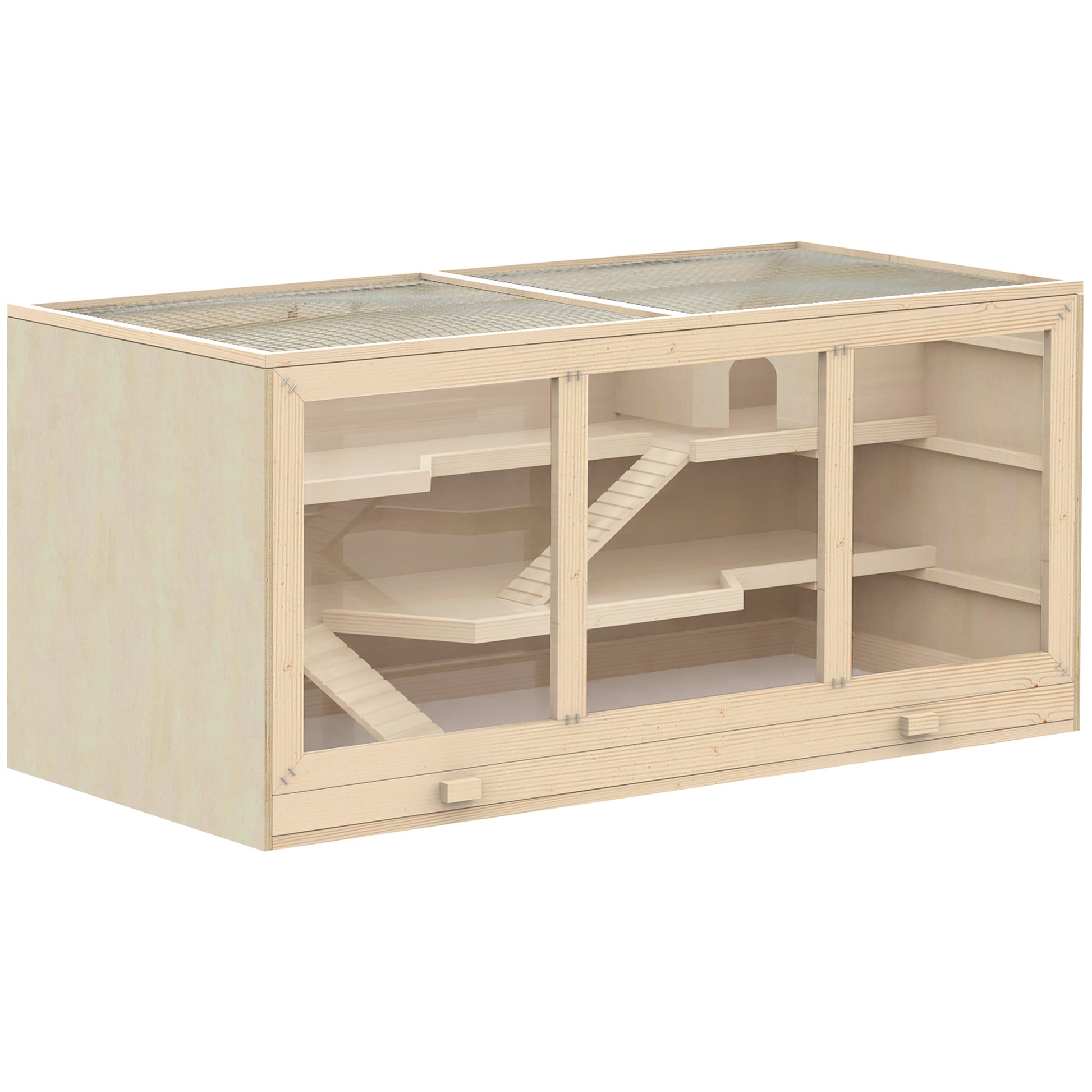 Wooden Hamster Cage 3 Tiers Small Animal Cage with Removable Tray Small Pet Cage with Foldable Lid Stairs Wood Cage Cage for Hamster Dwarf Hamster 115 x 57 x 55 cm Natural Wood