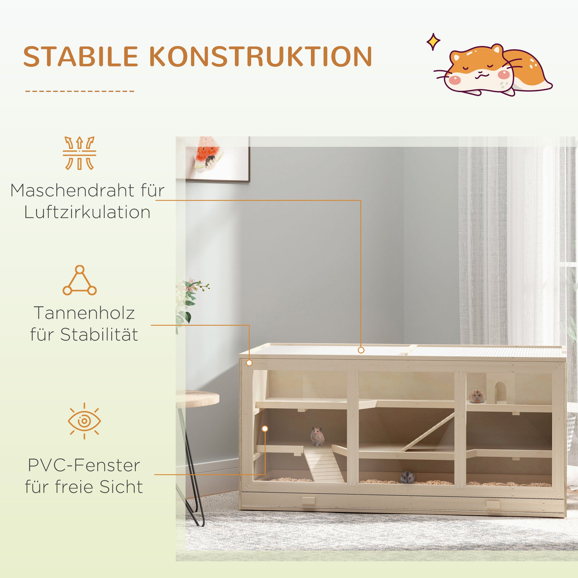 Wooden Hamster Cage 3 Tiers Small Animal Cage with Removable Tray Small Pet Cage with Foldable Lid Stairs Wood Cage Cage for Hamster Dwarf Hamster 115 x 57 x 55 cm Natural Wood