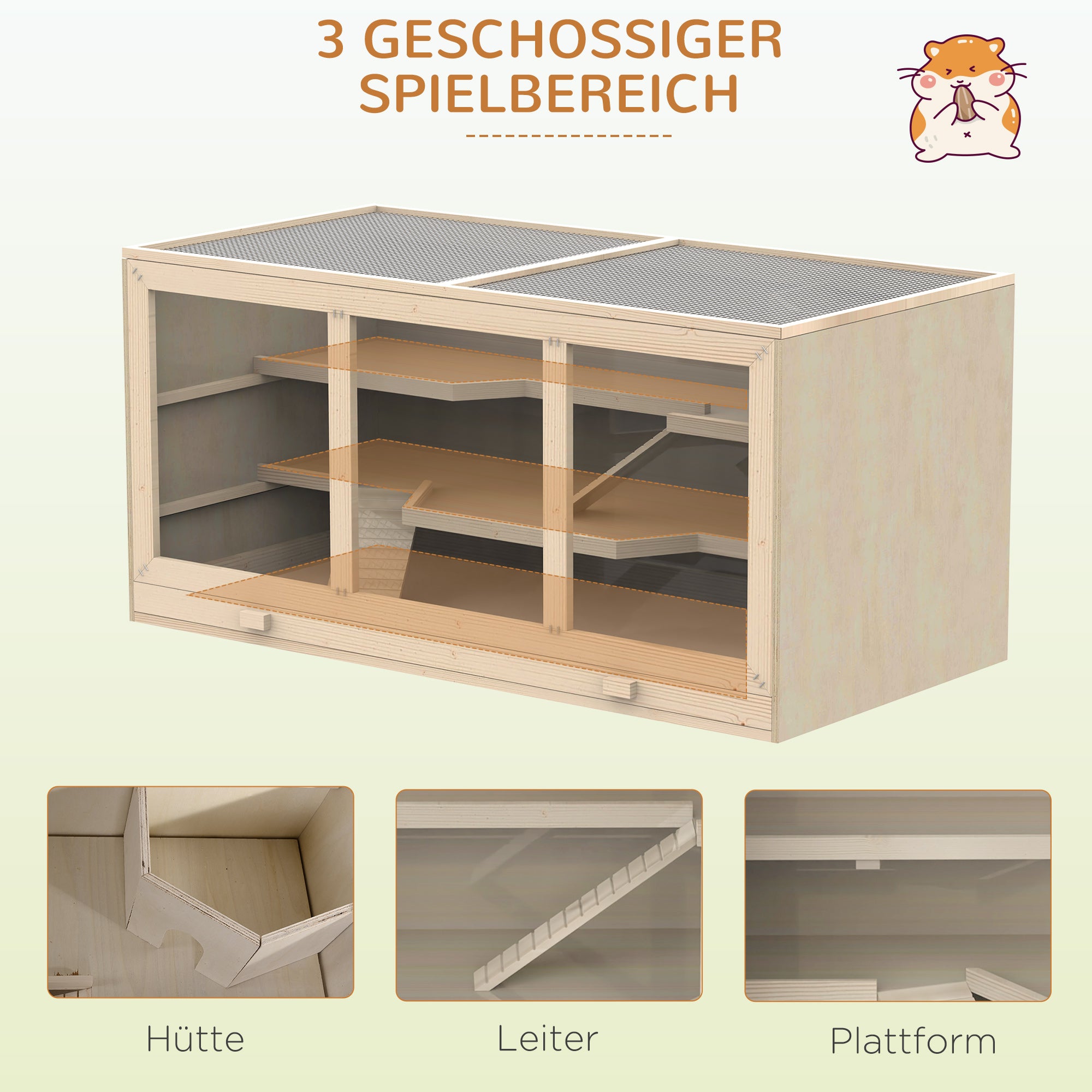 Wooden Hamster Cage 3 Tiers Small Animal Cage with Removable Tray Small Pet Cage with Foldable Lid Stairs Wood Cage Cage for Hamster Dwarf Hamster 115 x 57 x 55 cm Natural Wood