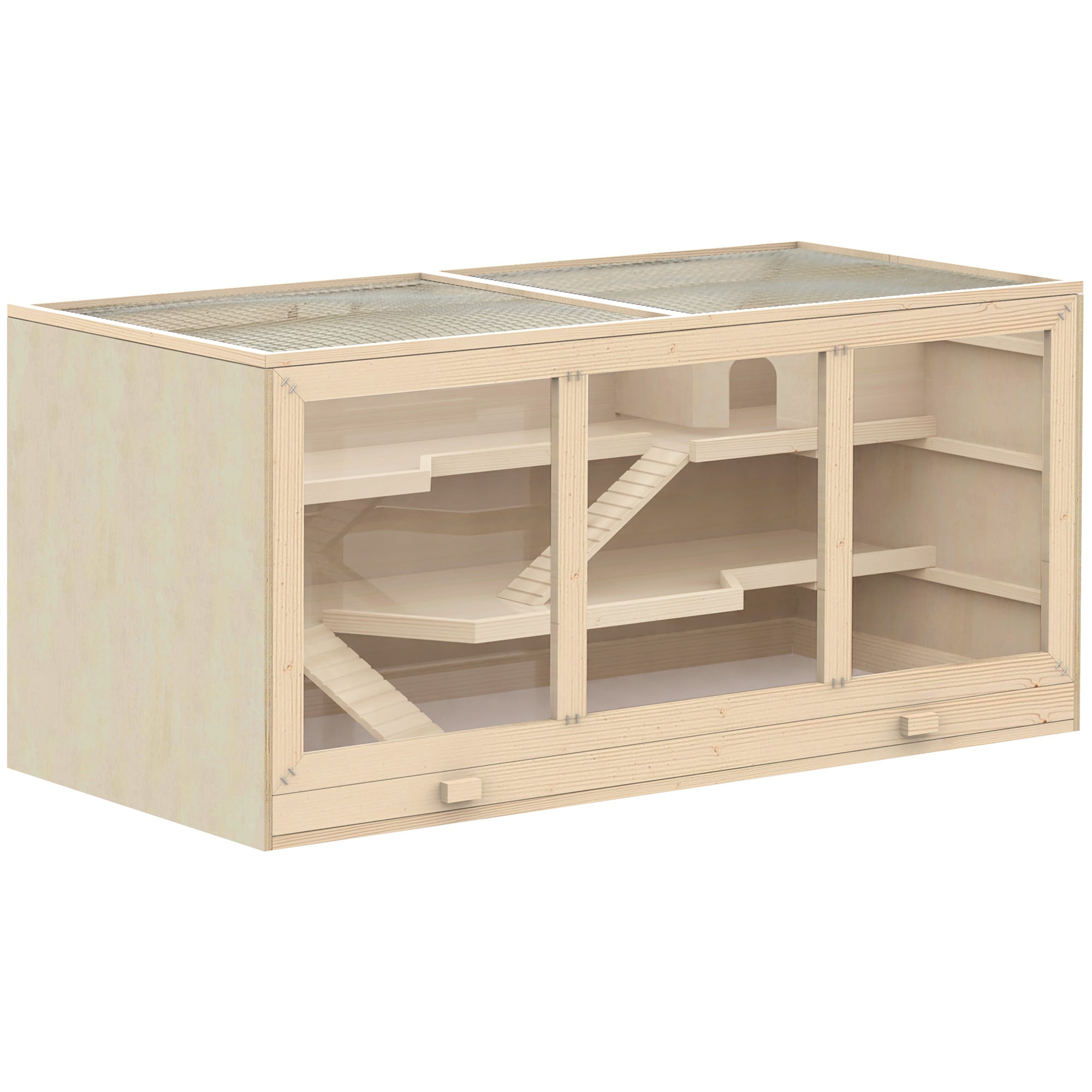 Wooden Hamster Cage 3 Tiers Small Animal Cage with Removable Tray Small Pet Cage with Foldable Lid Stairs Wood Cage Cage for Hamster Dwarf Hamster 115 x 57 x 55 cm Natural Wood