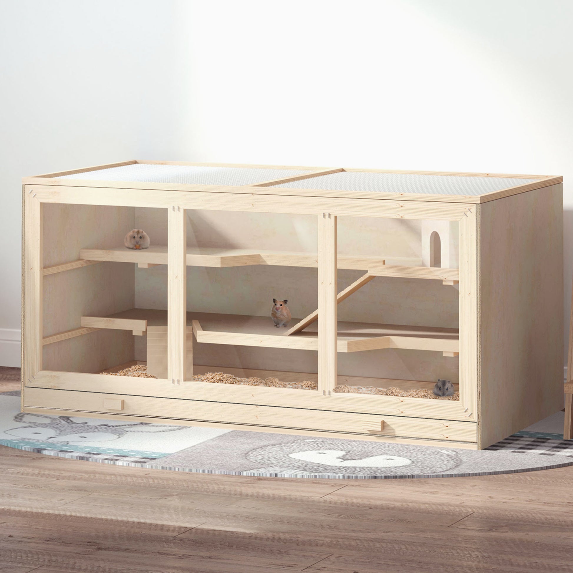 Wooden Hamster Cage 3 Tiers Small Animal Cage with Removable Tray Small Pet Cage with Foldable Lid Stairs Wood Cage Cage for Hamster Dwarf Hamster 115 x 57 x 55 cm Natural Wood