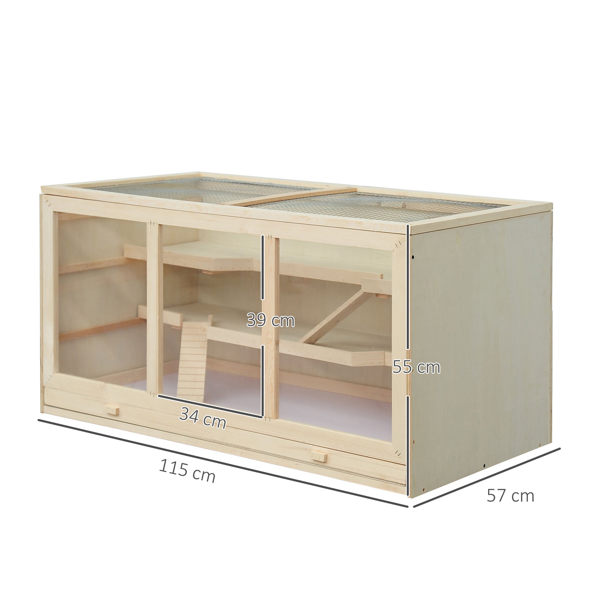 Wooden Hamster Cage 3 Tiers Small Animal Cage with Removable Tray Small Pet Cage with Foldable Lid Stairs Wood Cage Cage for Hamster Dwarf Hamster 115 x 57 x 55 cm Natural Wood