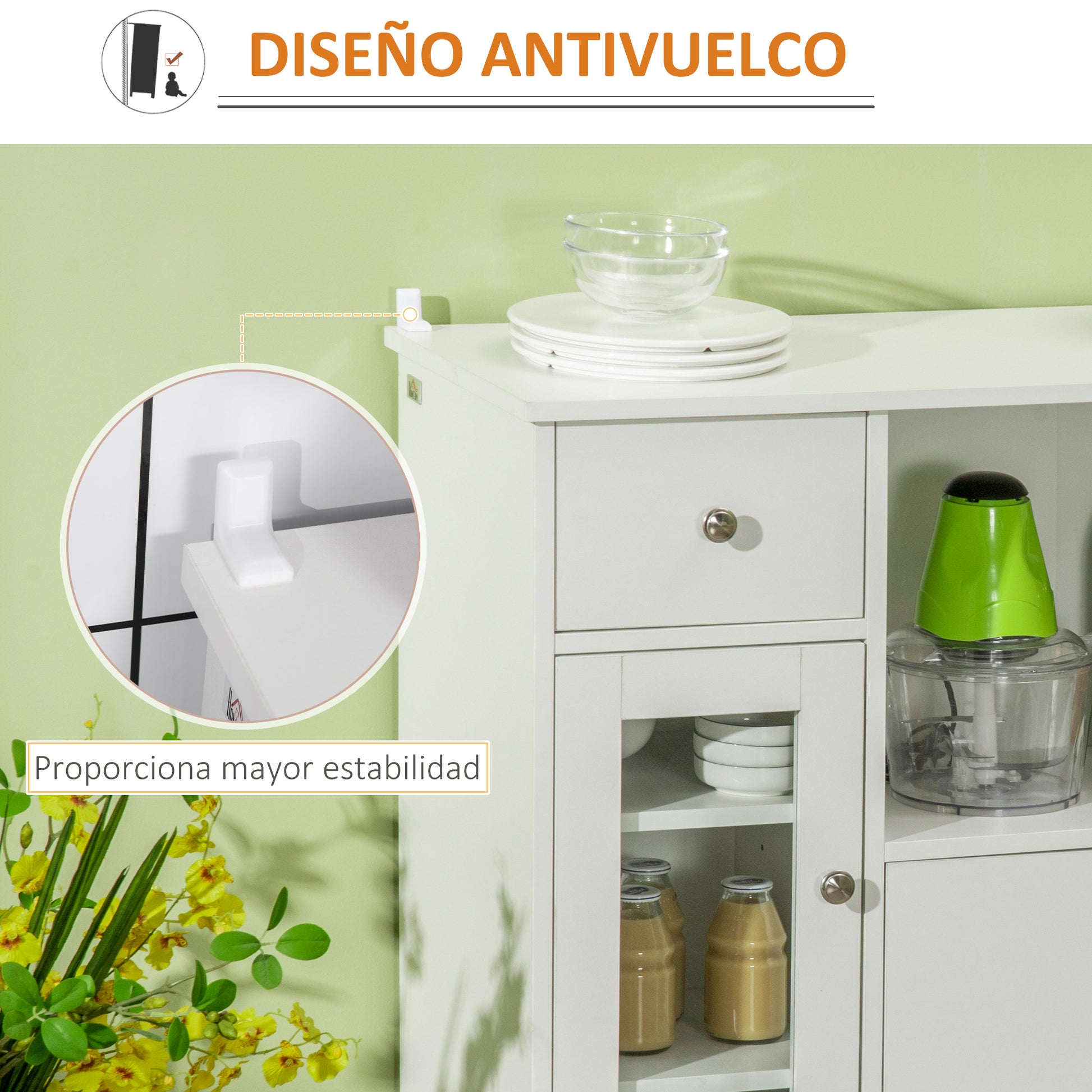 White Sideboard Modern Kitchen Sideboard with Glass Door Drawer Open Shelf and Adjustable Shelves Storage Unit for Dining Room Living Room 80x30x82 cm White