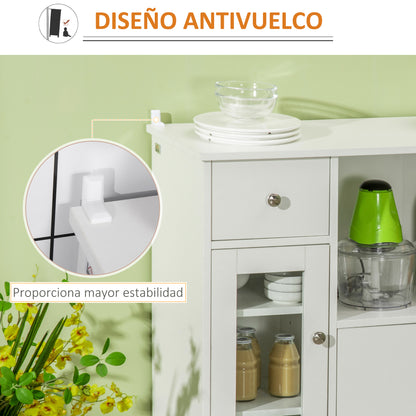 White Sideboard Modern Kitchen Sideboard with Glass Door Drawer Open Shelf and Adjustable Shelves Storage Unit for Dining Room Living Room 80x30x82 cm White