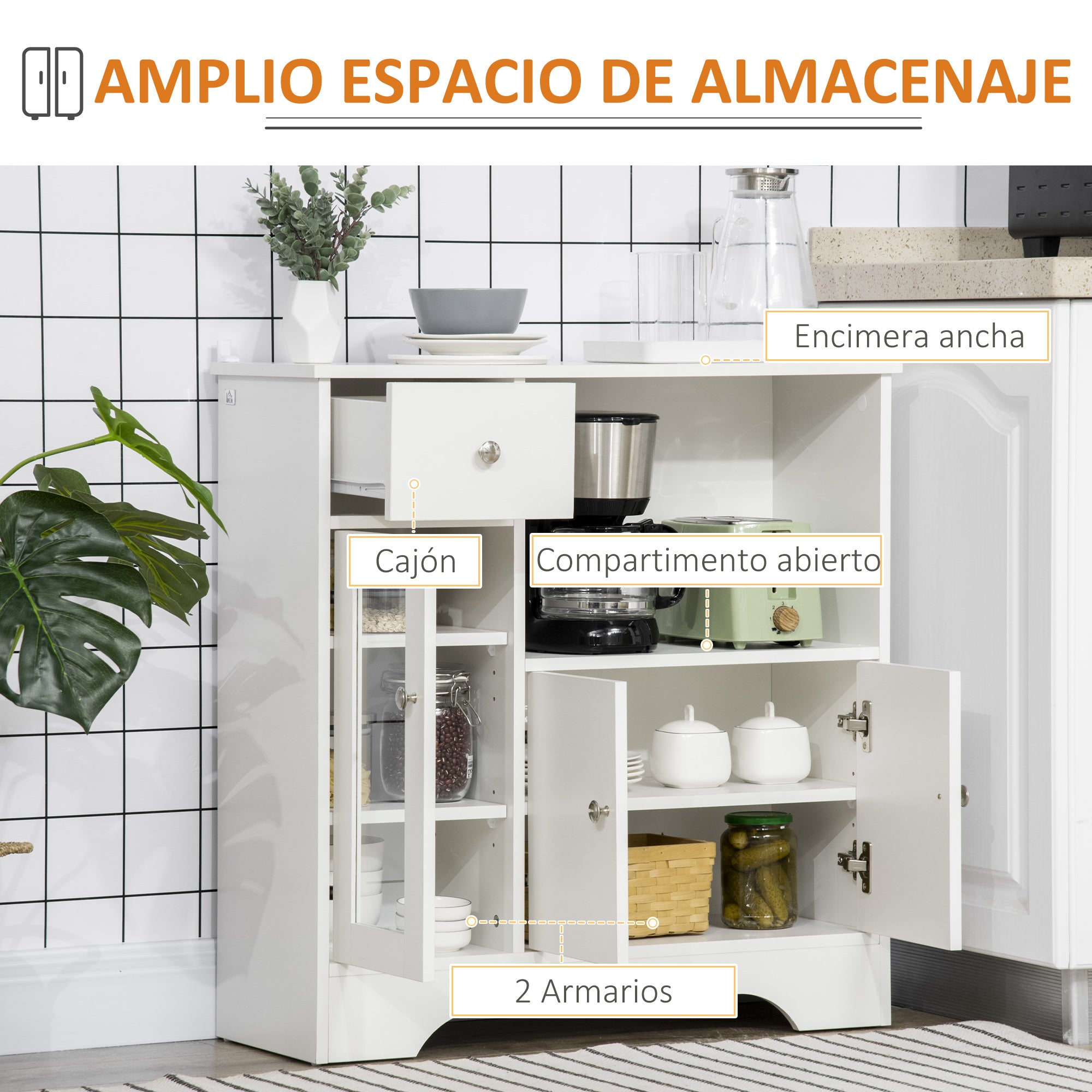 White Sideboard Modern Kitchen Sideboard with Glass Door Drawer Open Shelf and Adjustable Shelves Storage Unit for Dining Room Living Room 80x30x82 cm White