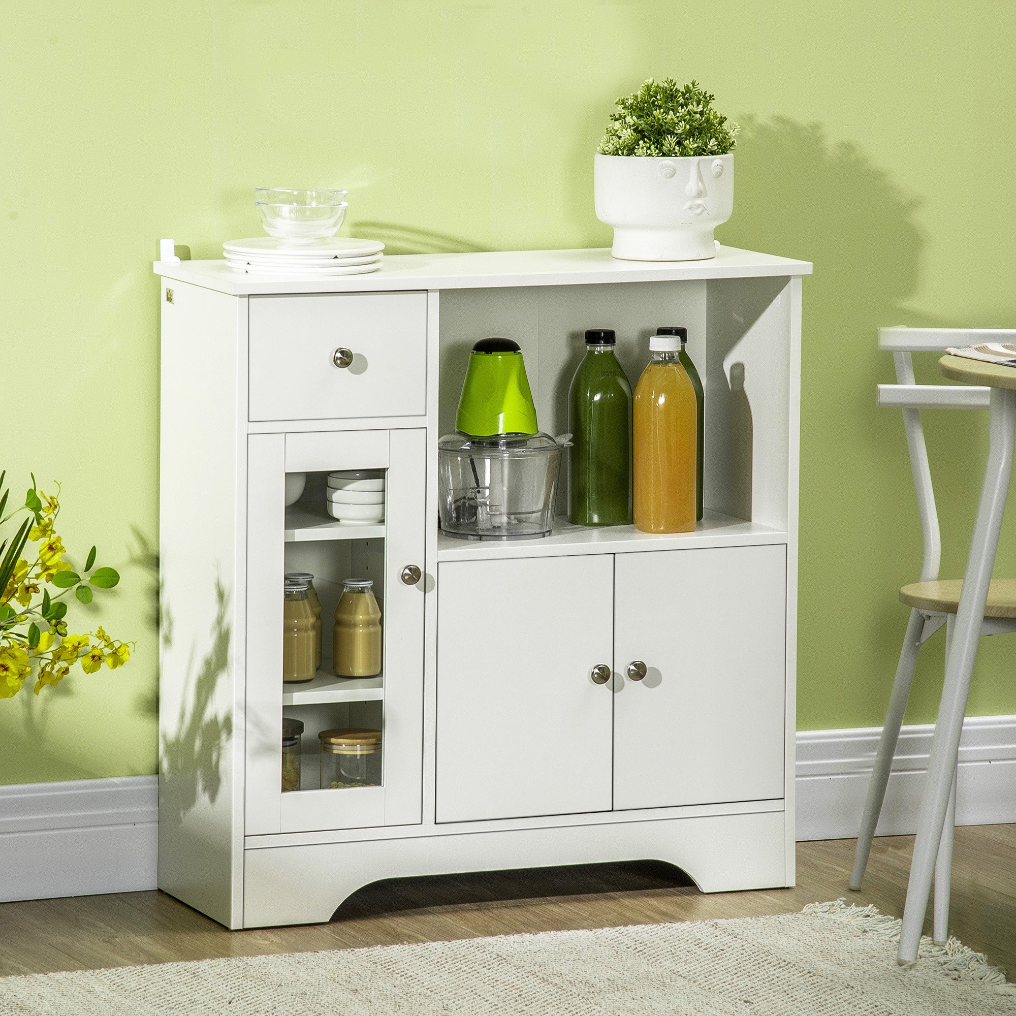 White Sideboard Modern Kitchen Sideboard with Glass Door Drawer Open Shelf and Adjustable Shelves Storage Unit for Dining Room Living Room 80x30x82 cm White