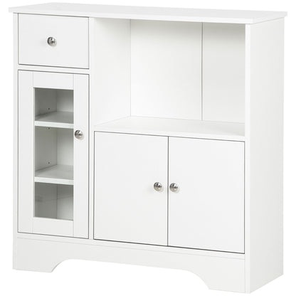 White Sideboard Modern Kitchen Sideboard with Glass Door Drawer Open Shelf and Adjustable Shelves Storage Unit for Dining Room Living Room 80x30x82 cm White