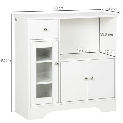 White Sideboard Modern Kitchen Sideboard with Glass Door Drawer Open Shelf and Adjustable Shelves Storage Unit for Dining Room Living Room 80x30x82 cm White
